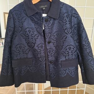 NWT ANN TAYLOR navy blue lace overlay crop jacket SIZE 6